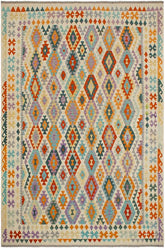 Flat Weave Kilim Antique Navaho Vintage handmade Geometric Kilim Beige Rust Hand-Woven Rectangle 100% Wool Area Rug 8x10